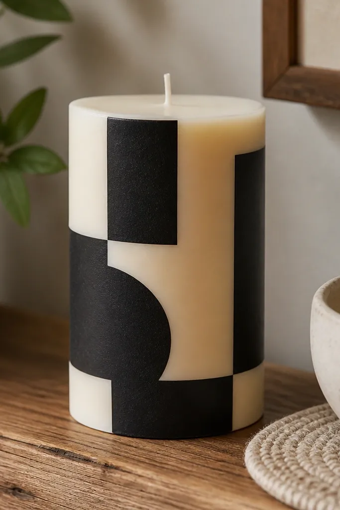 Cream candle with crisp black geometric tape stripes