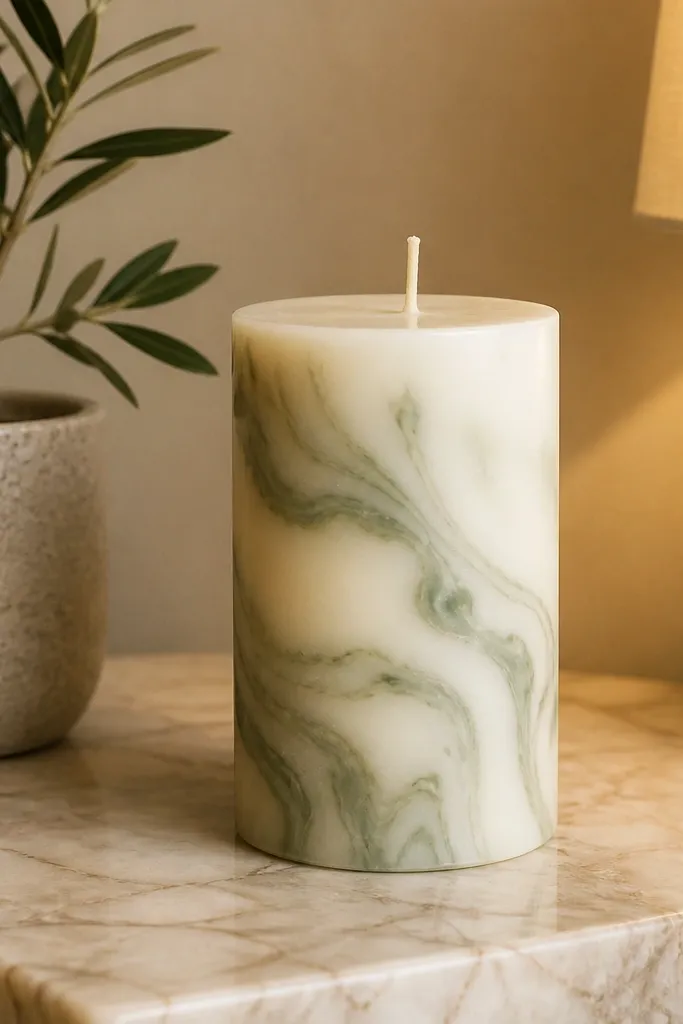 White candle with soft sage green marbled swirls
