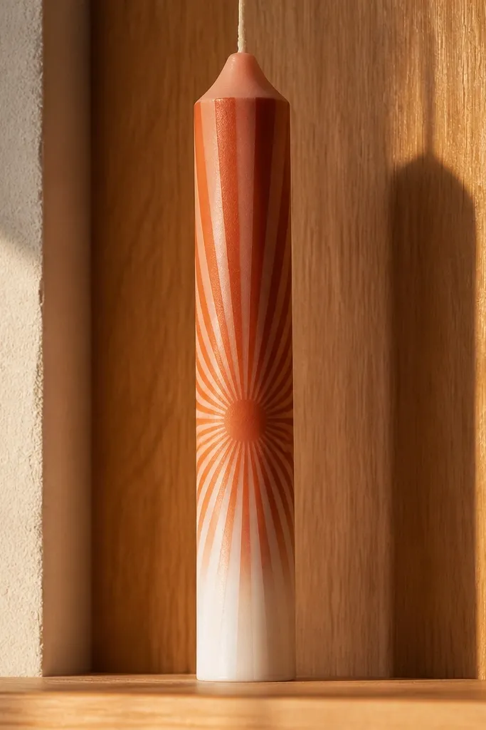 Ivory candle with terracotta sunburst rays fading outward