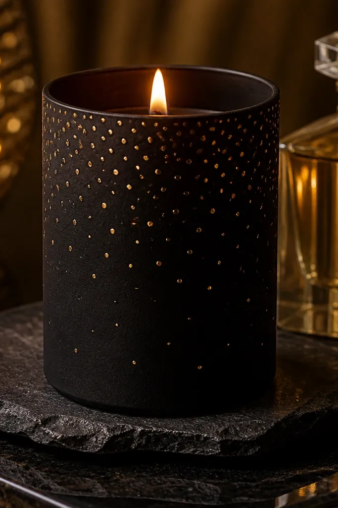 Black candle with small gold dot constellation pattern