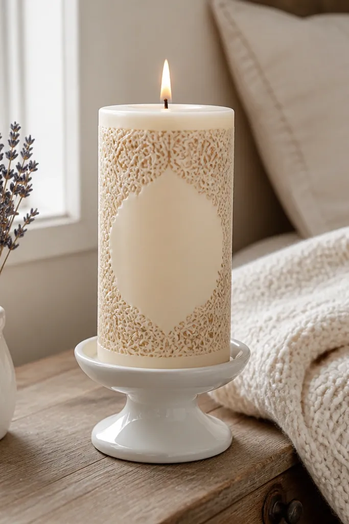 Cream candle with delicate lace pattern band near the bottom