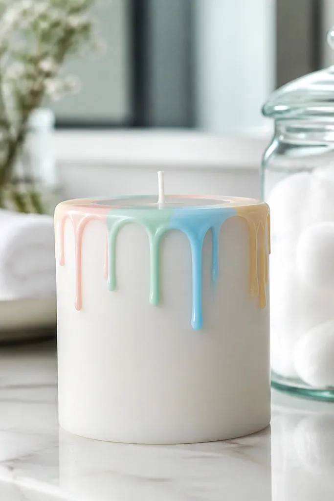 White candle with pastel rainbow drip lines from the top