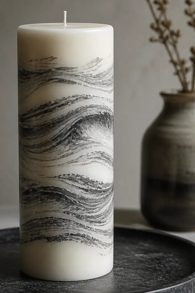 Off-white candle with dark gray flowing brushstroke wave bands