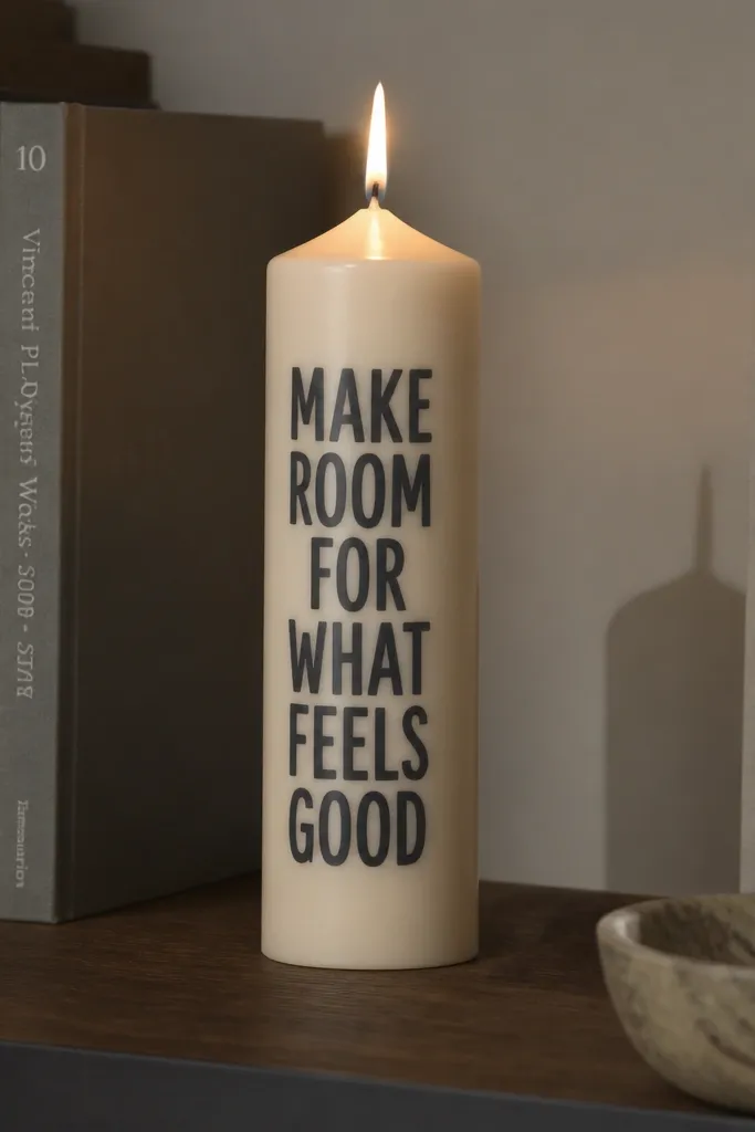 Ivory candle with black minimal block lettering centered