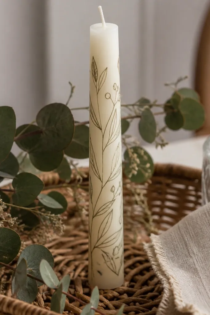 Cream candle with thin botanical line art and small olive leaves