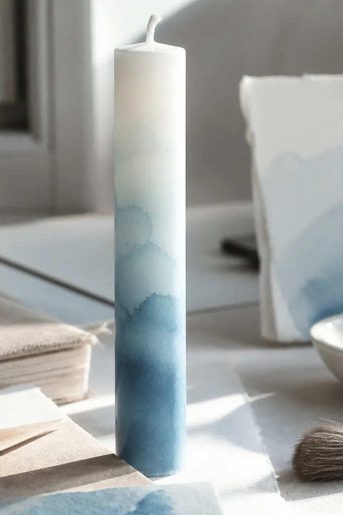 White candle with soft watercolor wash ombre fading on edges