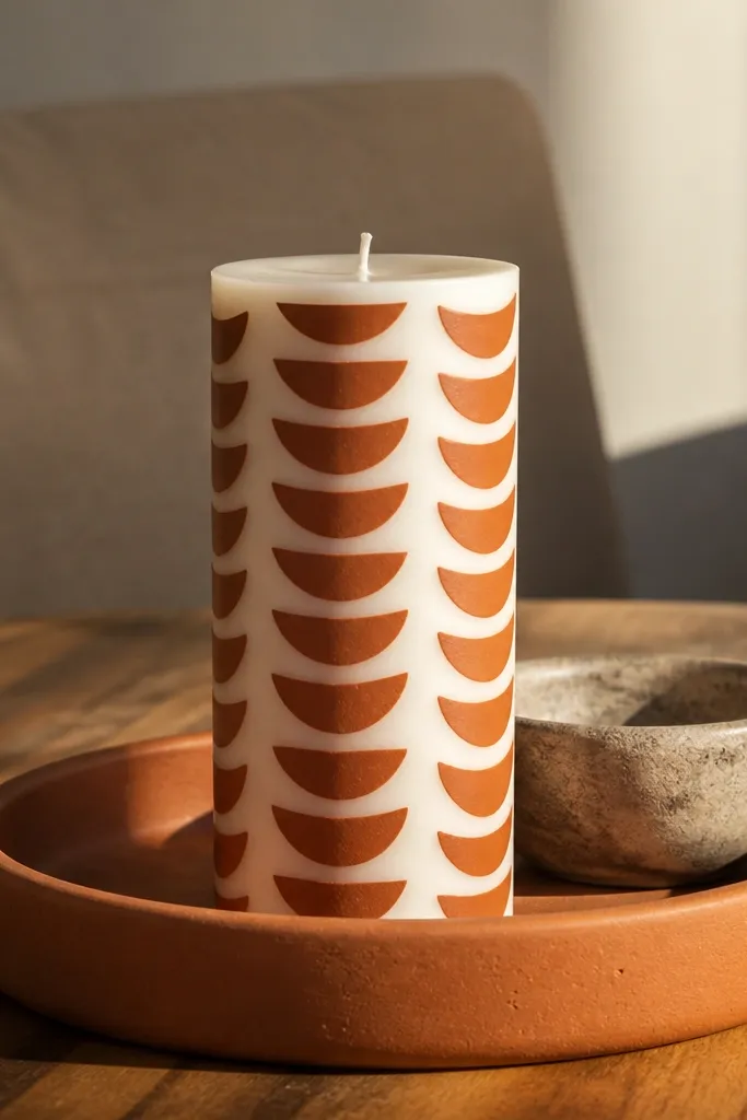 Terracotta candle with white half-moon shapes in a repeating pattern
