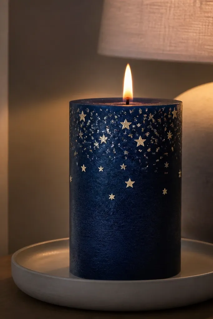 Midnight blue candle with painted stars and tiny silver specks