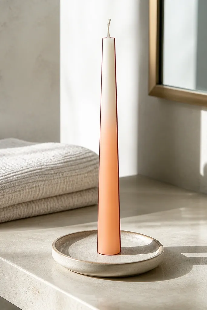 Ivory candle with peach-to-cream ombre and thin dark outline border
