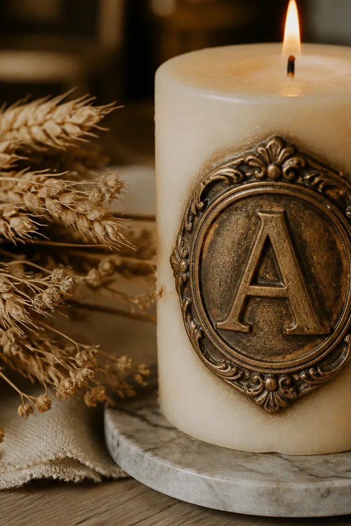 Cream candle with a bronze medallion and centered monogram