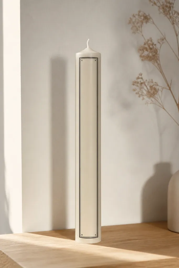 White candle with thin gray border lines and tiny dot corners
