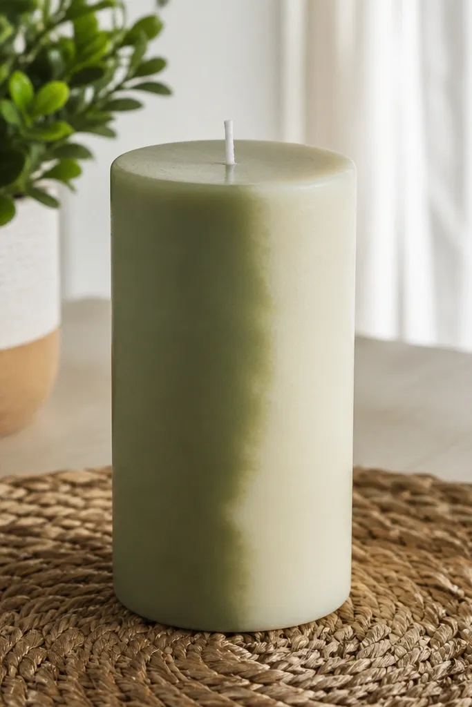 Cream candle with two vertical color blocks and feathered edges