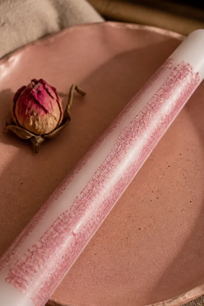 White candle with pink crackle stripes running vertically