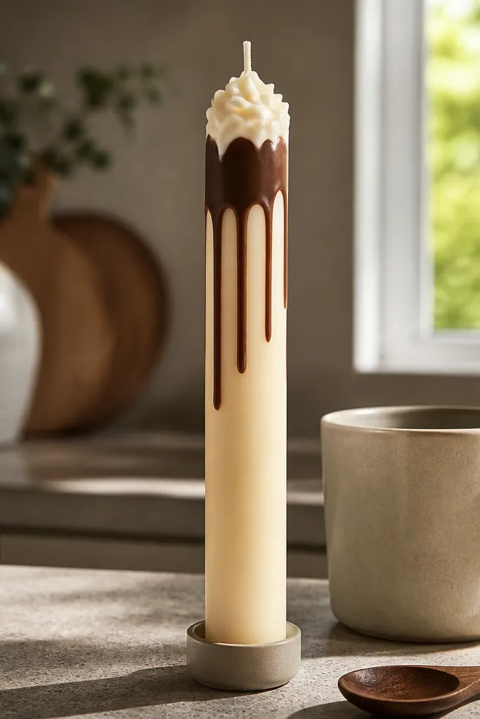 Cream candle with chocolate brown drip and small cream dab highlights