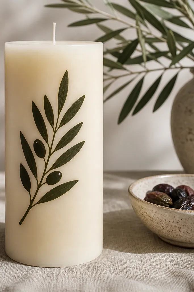 Ivory candle with dark olive branch silhouette in negative space