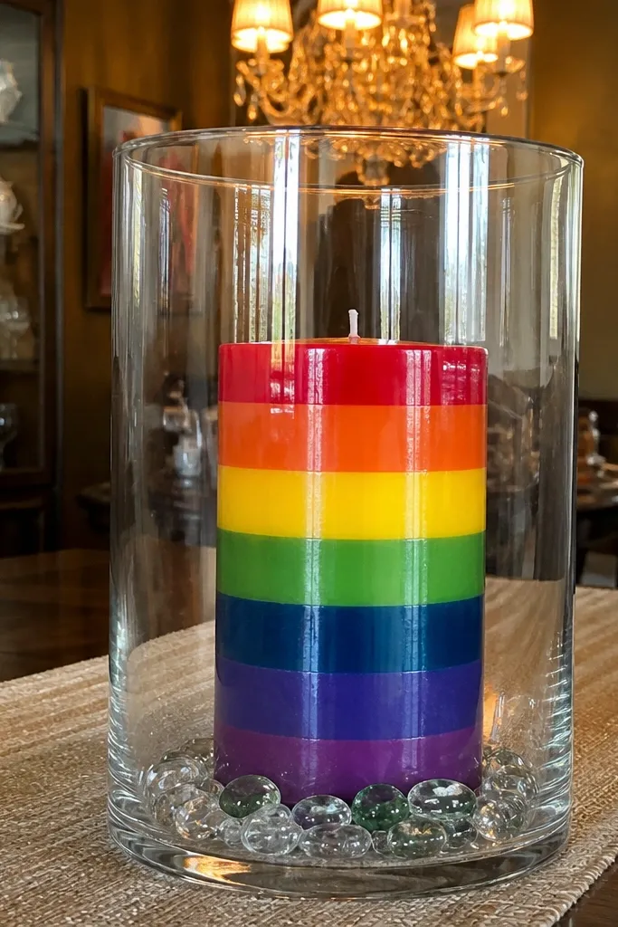 Candle with clean rainbow stripes and glossy clear finish