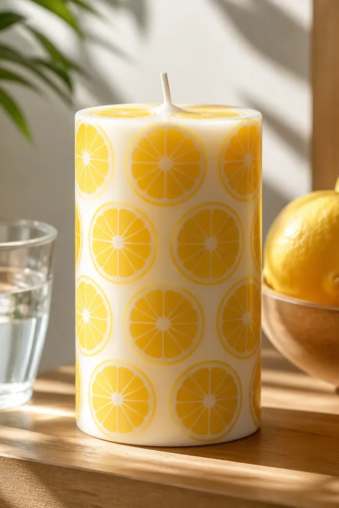 White candle decorated with yellow citrus slice circles