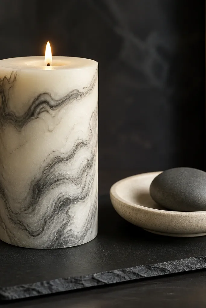 Ivory candle with charcoal gray marble swirls