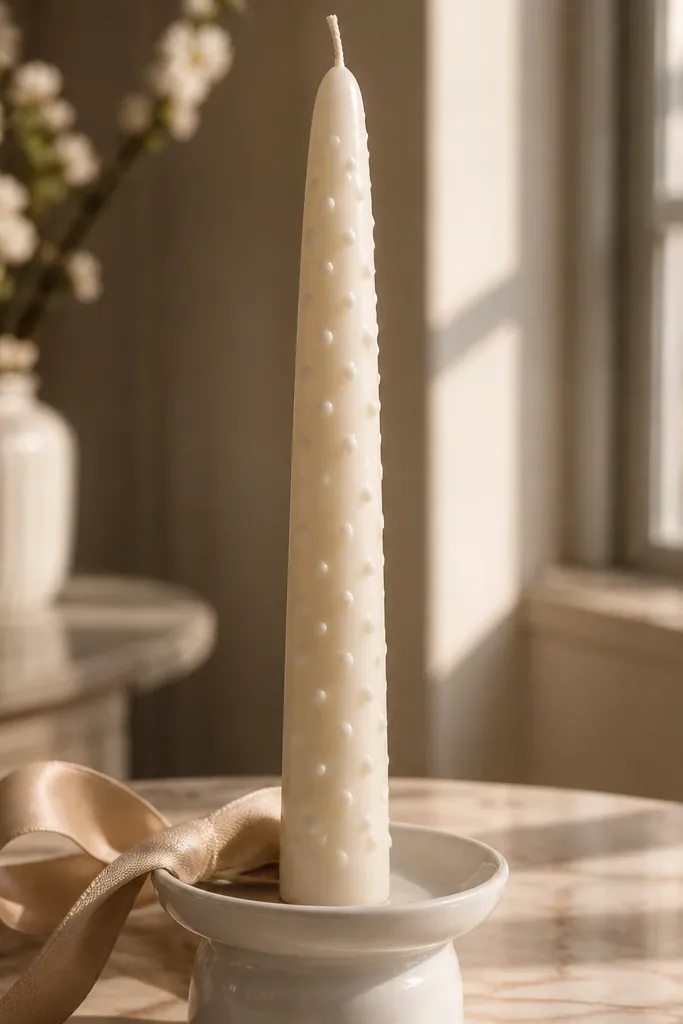 Opal white candle covered in subtle pearl-like dots