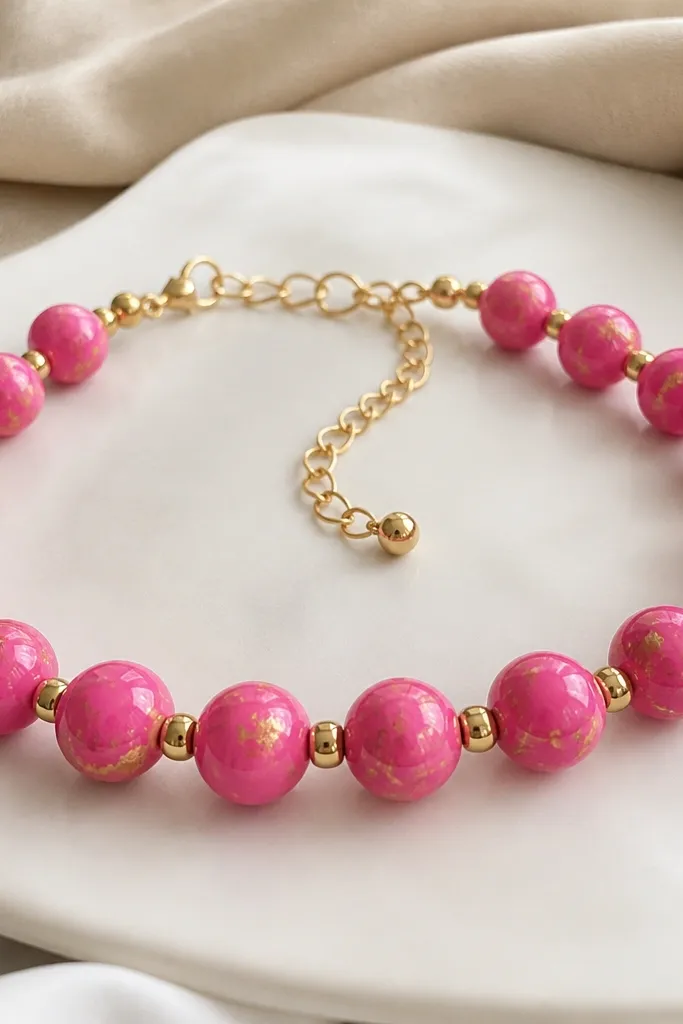 Round hot-pink clay beads with scattered tiny gold flecks, glossy surface, separated by gold spacer beads, with a gold chain extender.