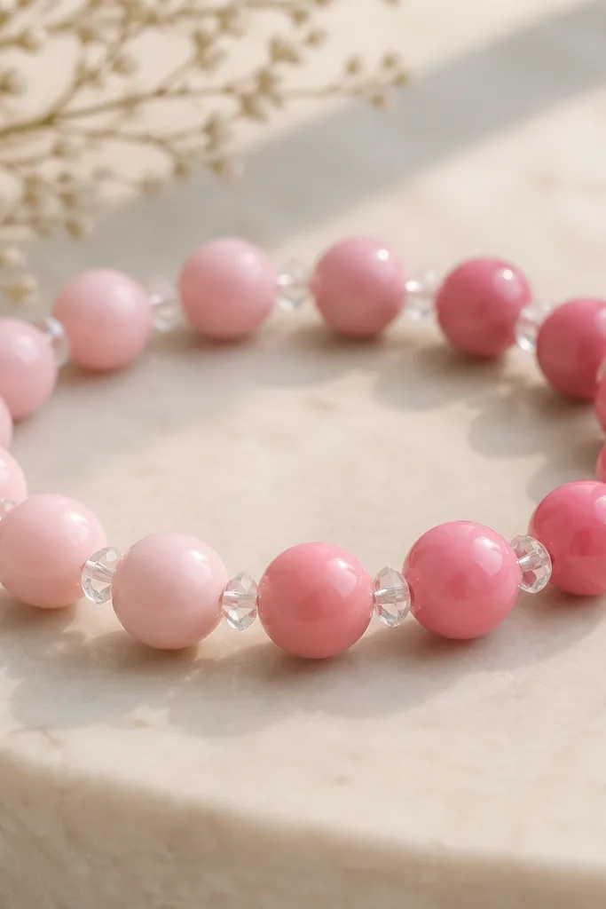 A bracelet with beads transitioning from pale pink to candy pink, glossy clay beads, and clear crystal spacers between each bead segment.