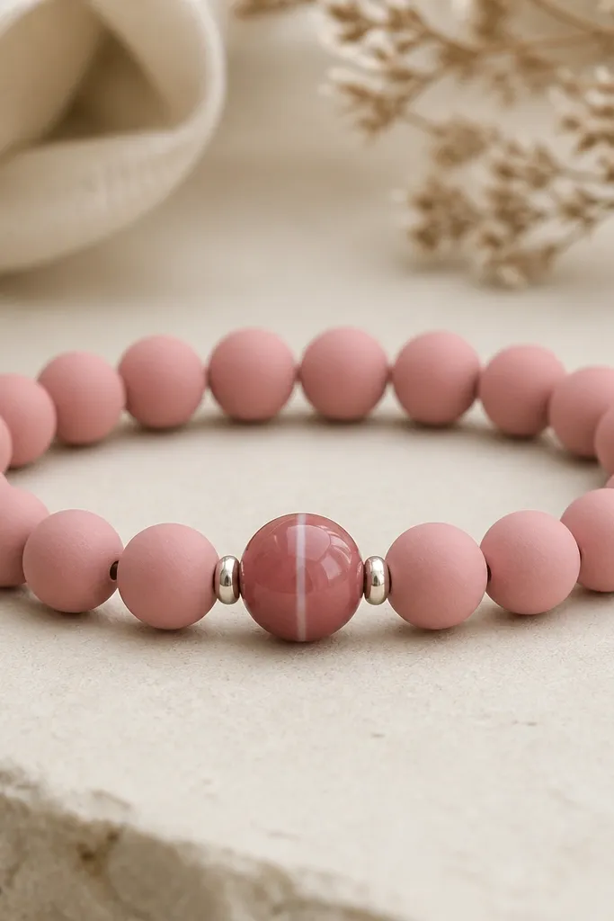 A bracelet of matte pink clay beads with a single glossy center bead that has a thin light-pink stripe, plus tiny silver spacers.
