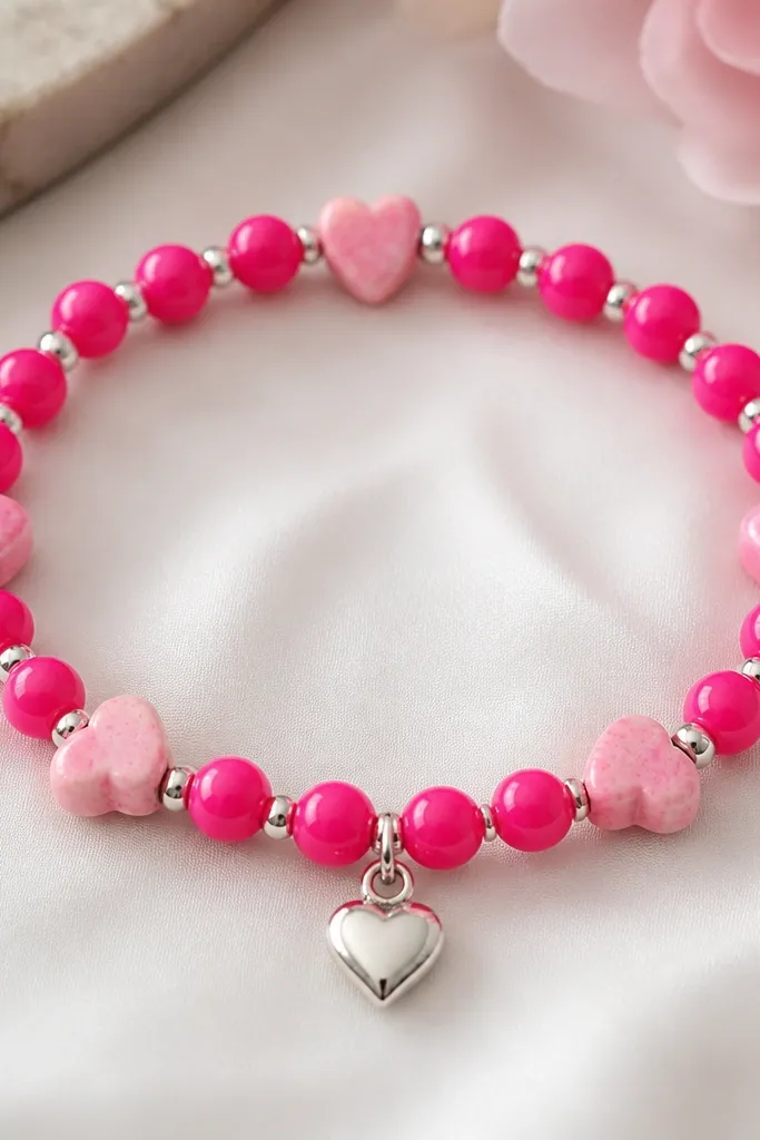 A bracelet built on hot pink beads with several small heart-shaped clay charms, silver micro spacer beads, and a heart charm dangling at the center.