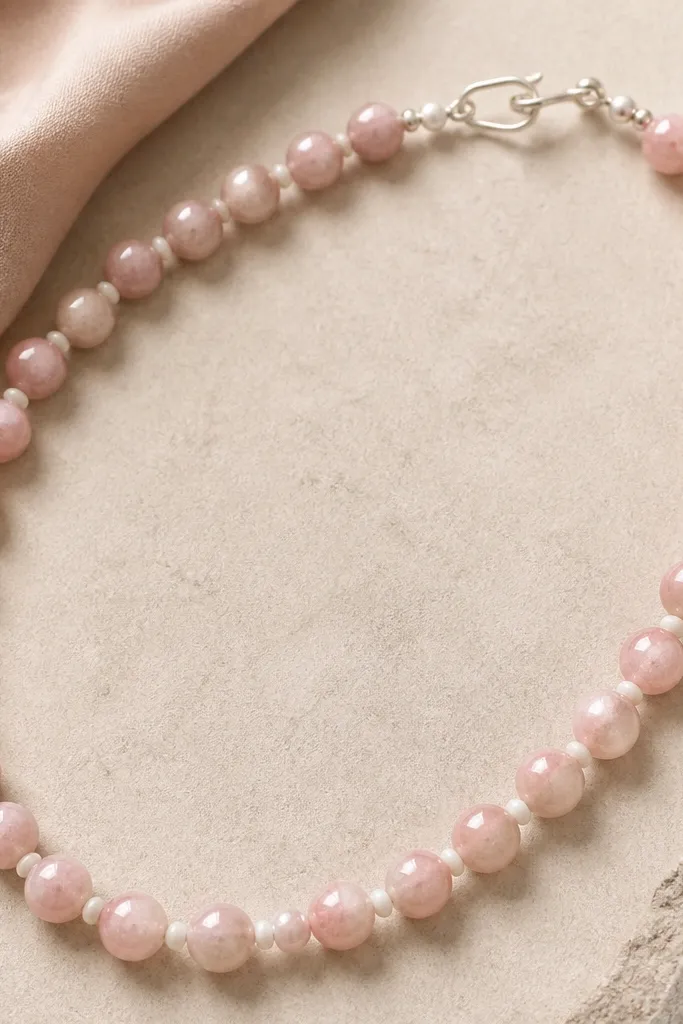 Pearl-like pale pink clay beads with faint speckles inside, soft luster finish, and white spacer beads with a delicate clasp.
