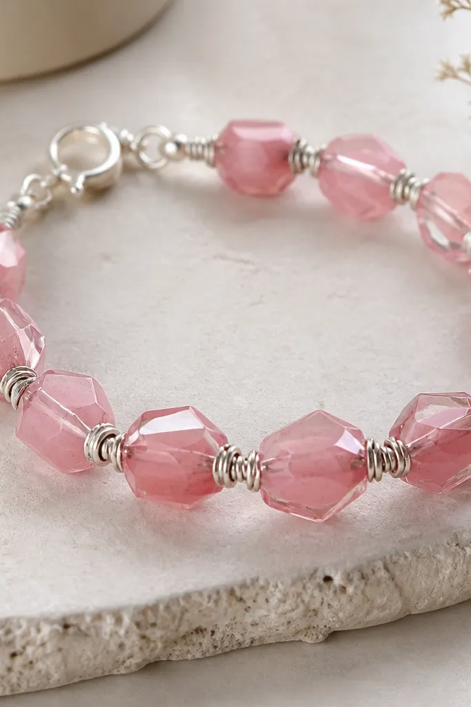Faceted pink clay beads that look like cut gemstones, with transparent pink tint edges, silver wire-wrapped spacers, and a clasp.