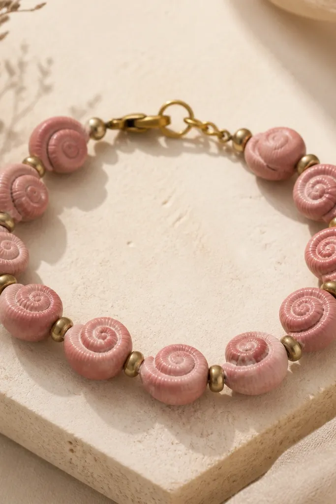 Swirled shell-like pink clay beads with spiral patterns, warm brass spacers, and a clasp on a beige background.