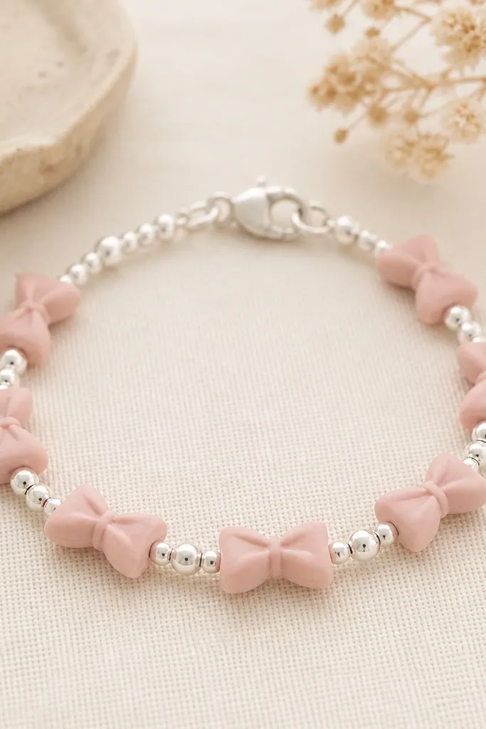 Blush pink clay bow tie beads spaced along a bracelet, with small silver beads filling gaps and a silver clasp.