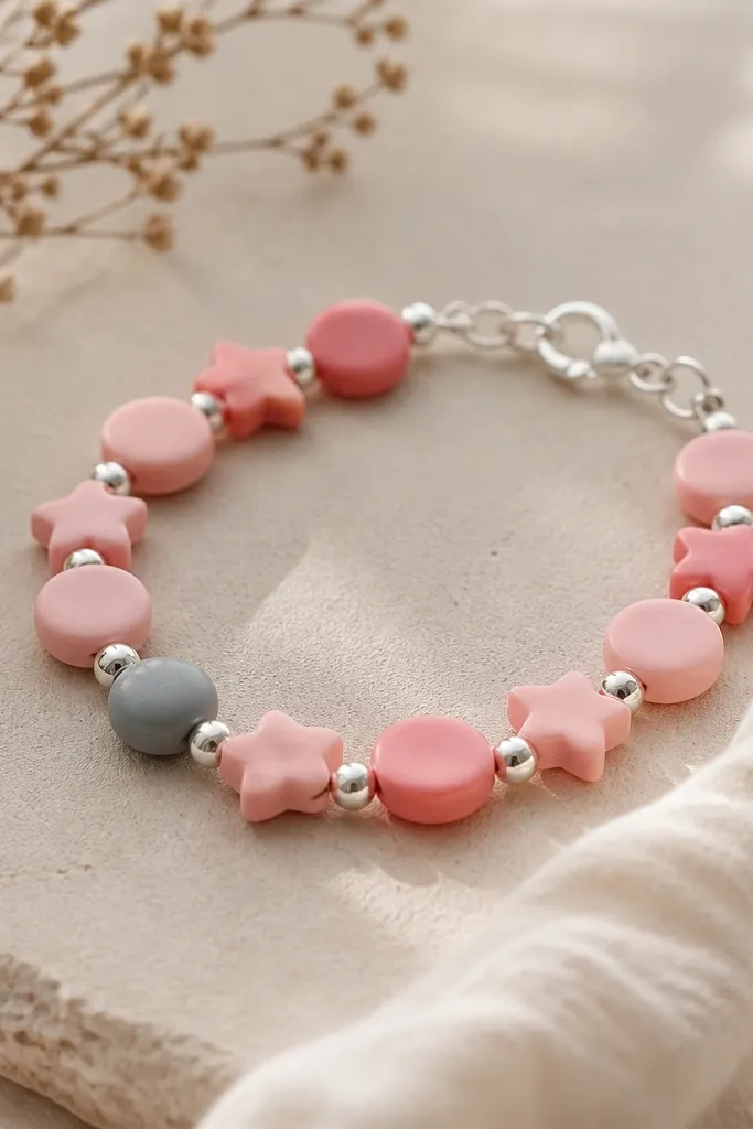 A mix of pink clay shapes like circles and small stars, with one accent bead in a contrasting color, strung with silver spacers.