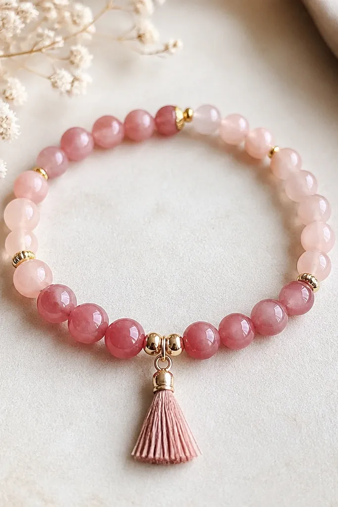 A bracelet with rose-colored fade beads and a small tassel charm hanging at the center, with gold-toned spacers.