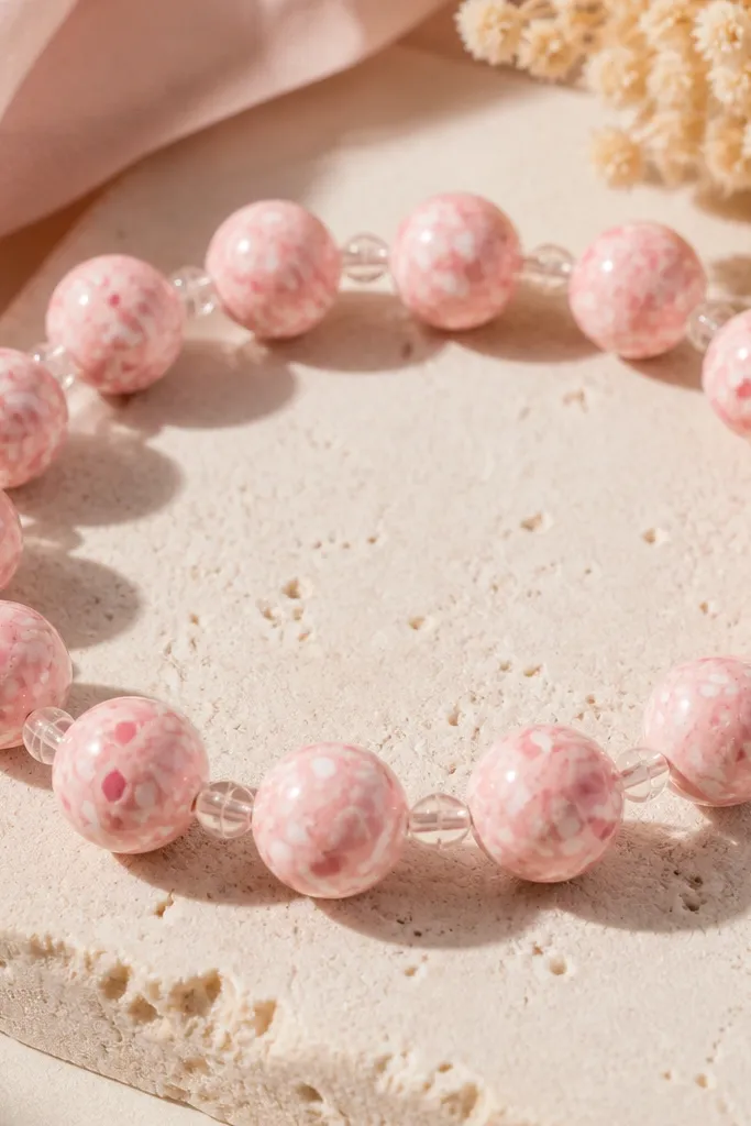 Terrazzo-style pink beads with white and darker pink specks, glossy clear coat, and clear seed bead spacers on a bracelet.