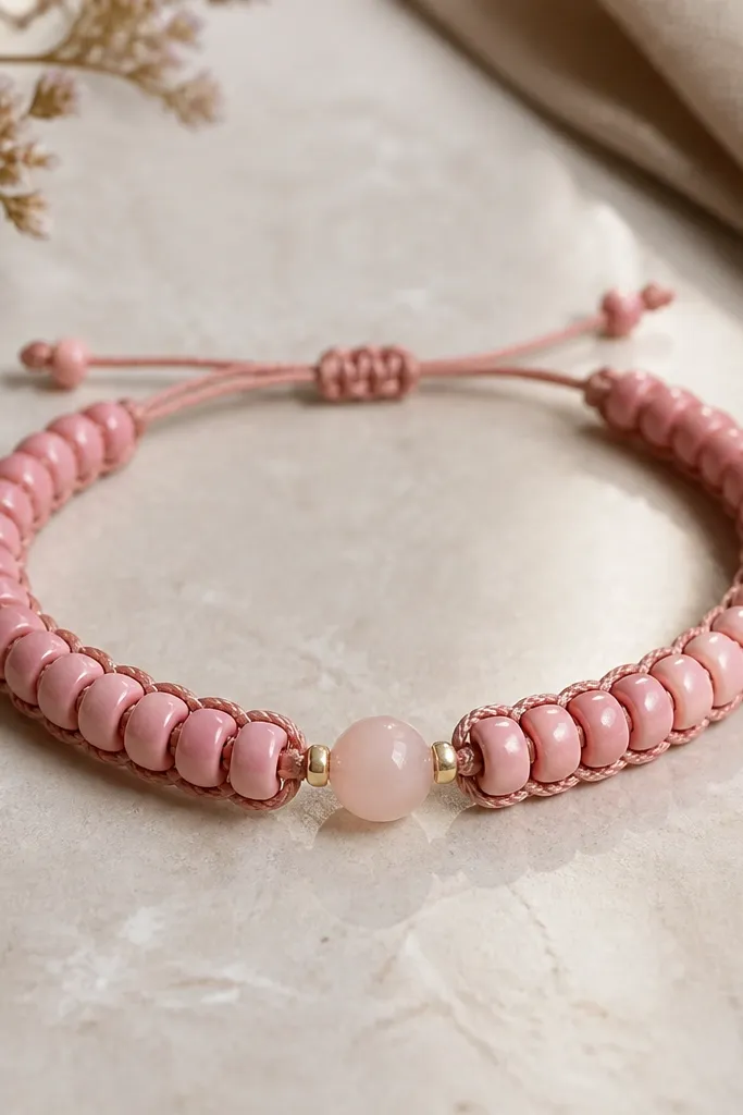 Oblong pink clay rolo beads strung with visible braided macramé cord edges, with a small sliding knot and a center bead focal point.