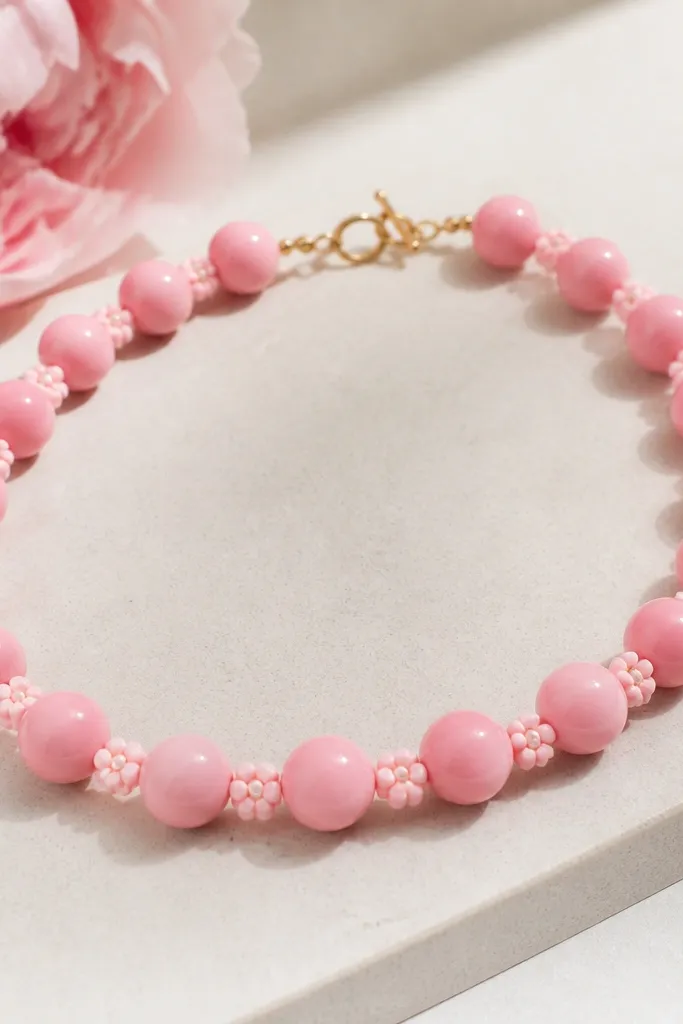 Peony pink round clay beads paired with tiny flower-shaped spacers in a lighter pink, glossy finish, and a delicate clasp.