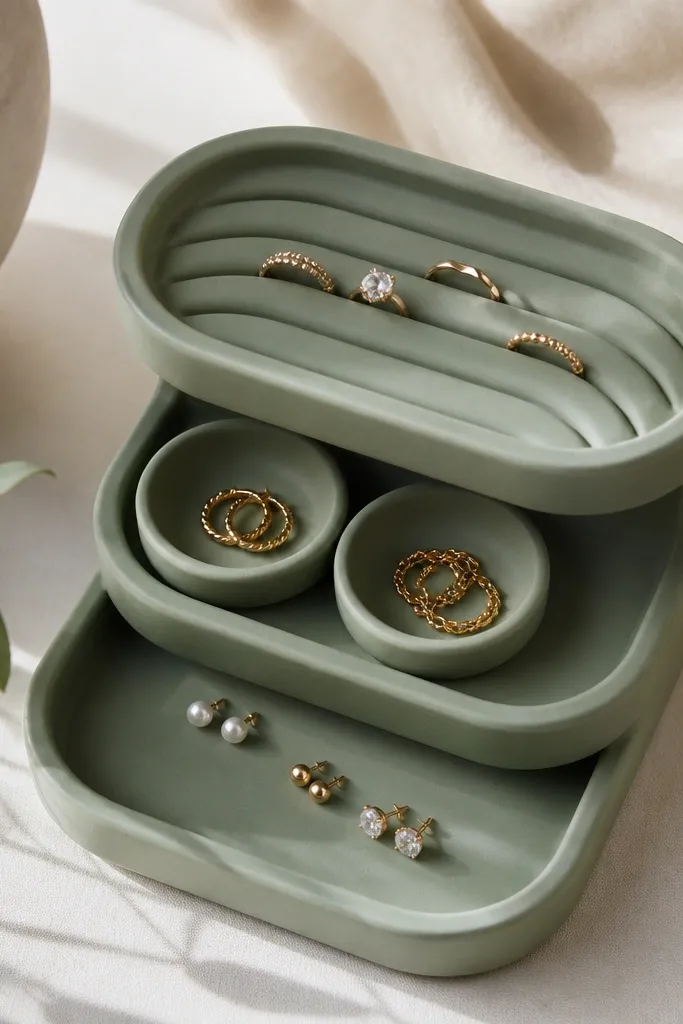 A sage-green clay tray with three shallow tiers. The top tier has curved arc wells sized for rings, the middle tier has two small round cups, and the bottom tier is flat for studs. The surface is matte with a subtle waxy sheen on the edges.