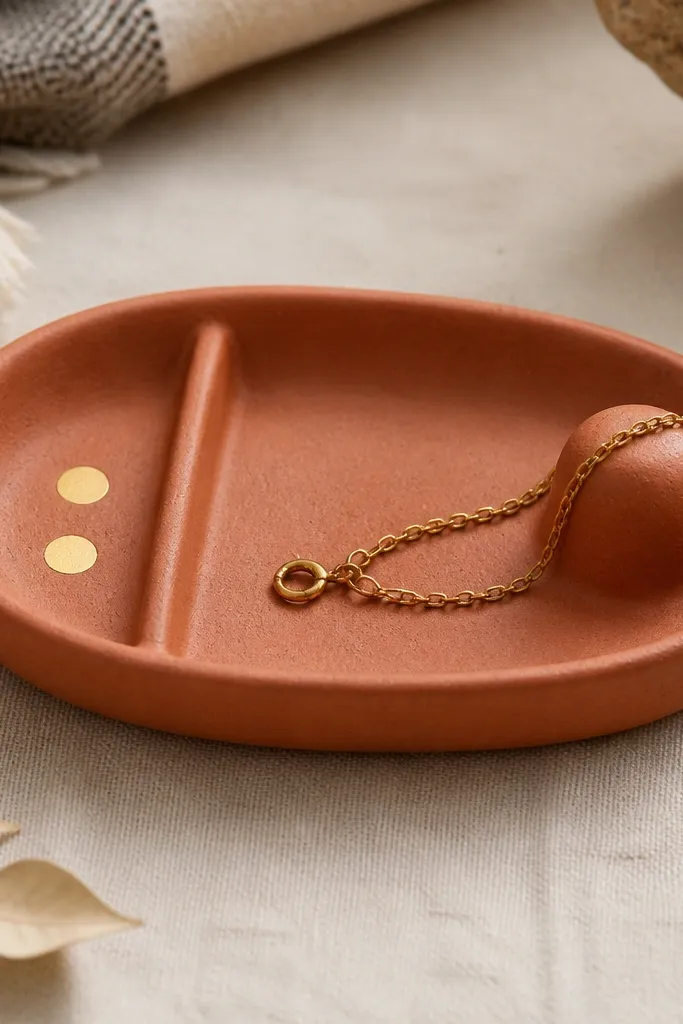 A terracotta-colored clay organizer shaped like a shallow oval. On the right side, a raised rounded bump catches the chain. On the left side, a flat pad has two painted gold dots and a small vertical divider.