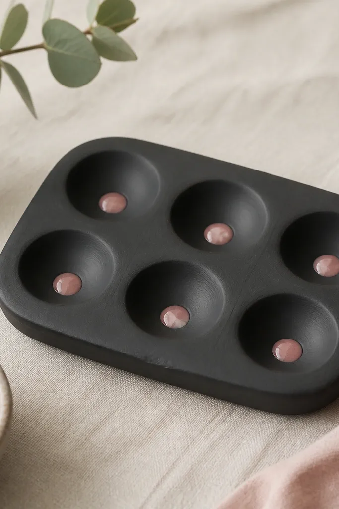 A matte black clay organizer with six shallow wells. Each well has a glossy rose-pink dot in the center. The edges are clean and slightly rounded, and the wells look like tiny cups.