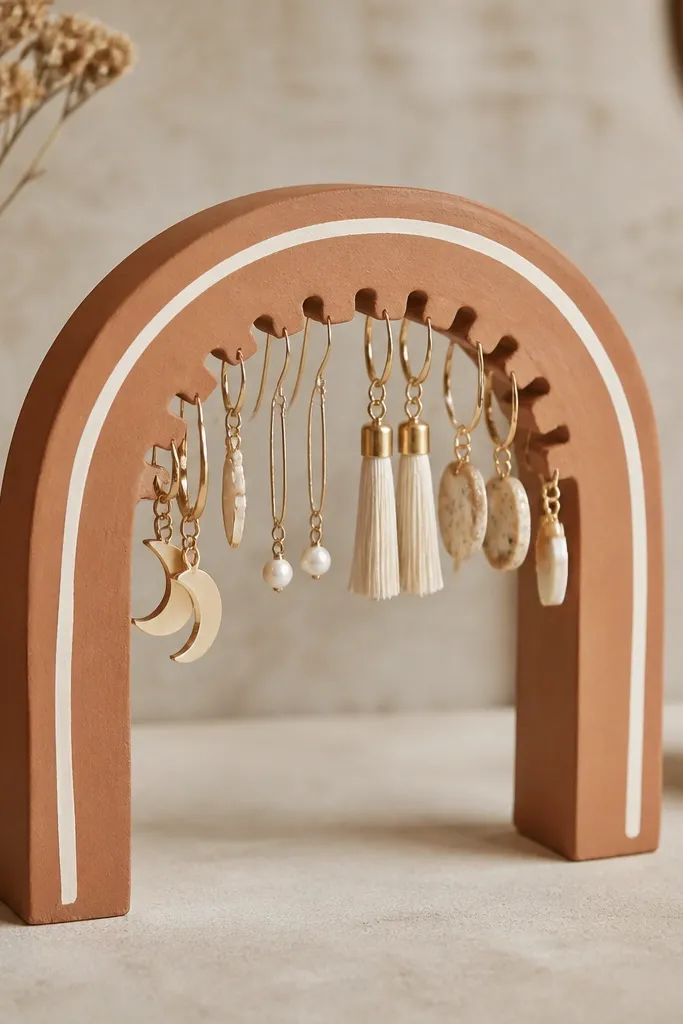 A terracotta-colored arch-shaped clay organizer with a curved top. Along the inner curve are 12 small "teeth" bumps where earring hooks hang. The arch has a hand-painted cream outline and a slightly glossy seal on the inner curve.