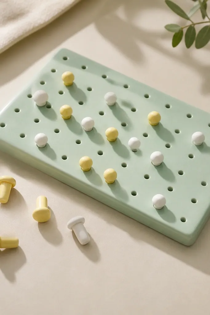 A mint green rectangular clay board with a grid of small circular peg holes. There are matching mini clay pegs painted in white and pale yellow, some inserted, some sitting off to the side. The board surface has a smooth satin finish.