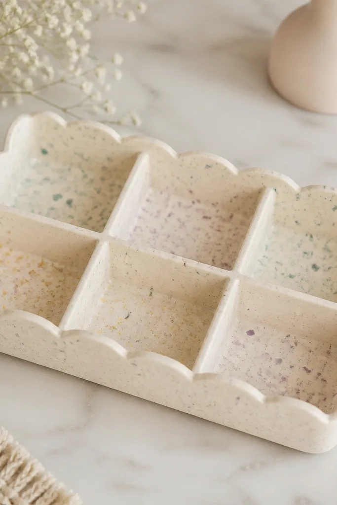 A light cream clay organizer with scalloped outer edges. Inside are small rectangular compartments filled with pastel confetti-like paint flecks: mint, lilac, and butter yellow. The clay surface is smooth with tiny speckled color.