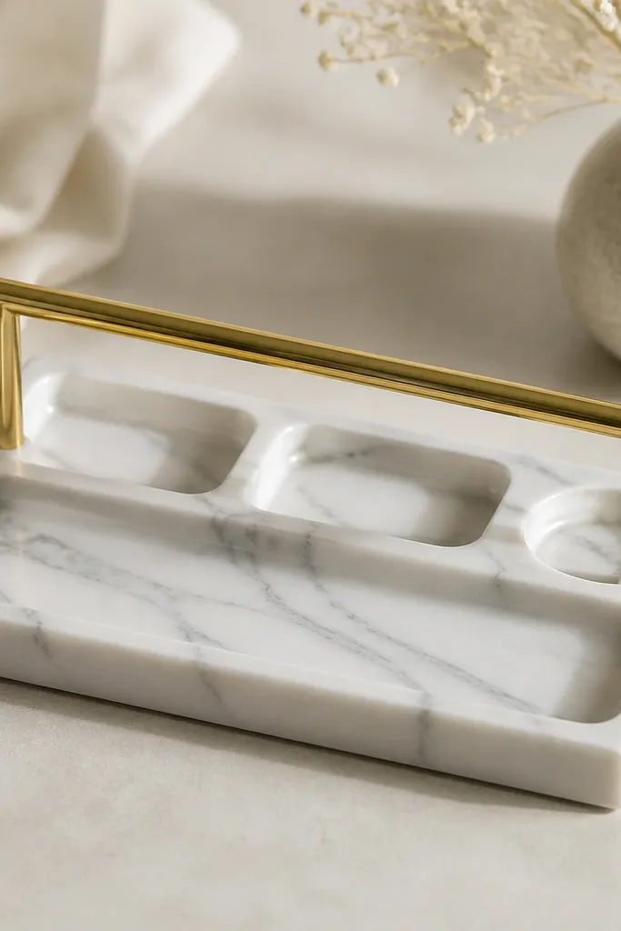 A white-and-gray marble-effect clay organizer with a single raised gold rail running across the top. The rail is shiny and smooth, and the base has thin gray veining like stone.