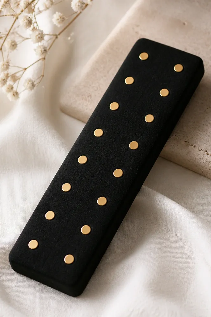 A deep black clay organizer shaped like a narrow rectangle. The surface has a soft matte texture like velvet (achieved with stippling). There are 14 small circular stud spots painted metallic gold, arranged in neat rows.