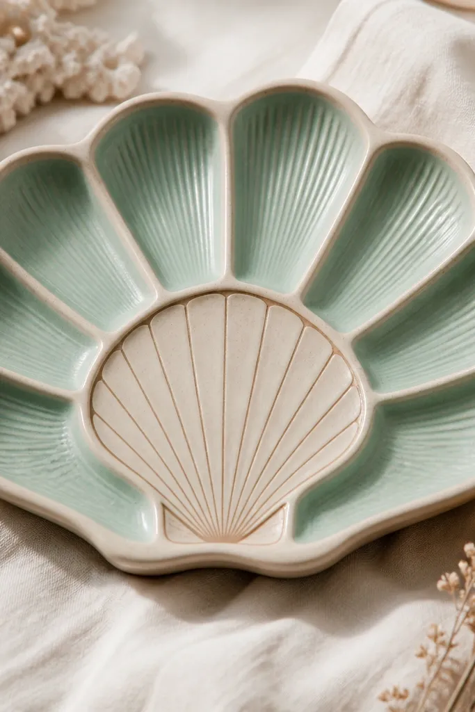 A light beige clay tray with a raised shell outline at the center. The compartments around it are seafoam green, with tiny ridges that resemble shell grooves. The shell outline is slightly darker beige.