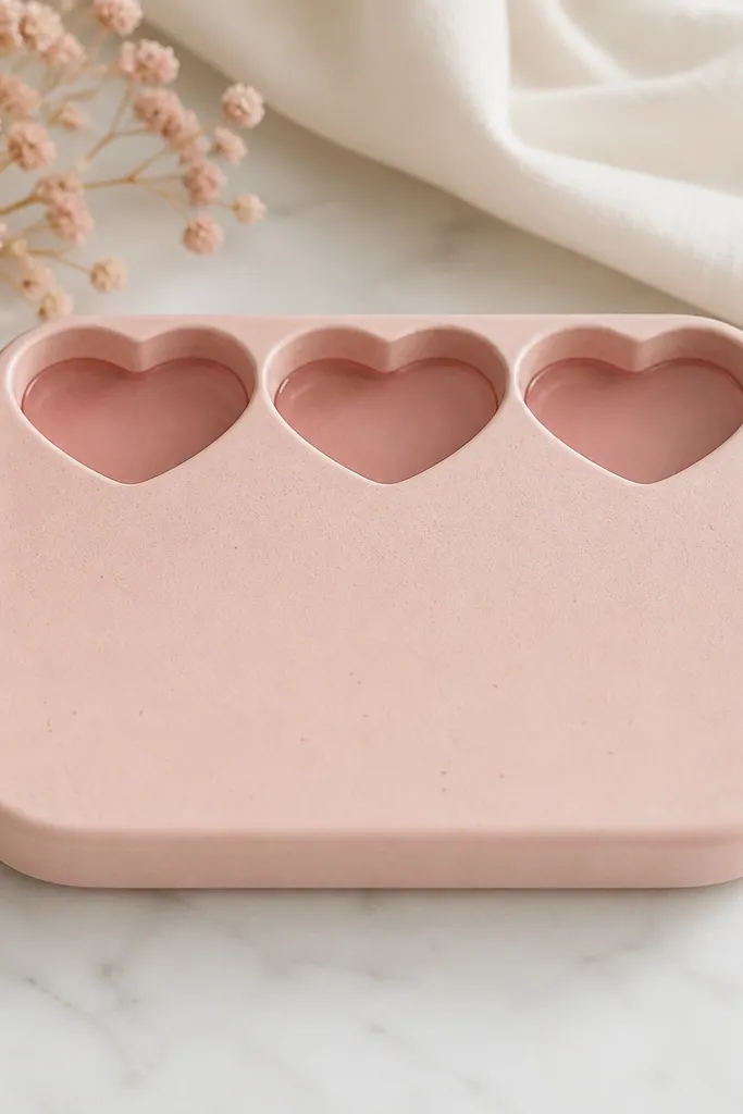 A blush-pink clay organizer shaped like a rounded rectangle. Three heart-shaped holders sit at the top, with translucent pink "window" areas inside each heart. The rest is matte with faint speckles.