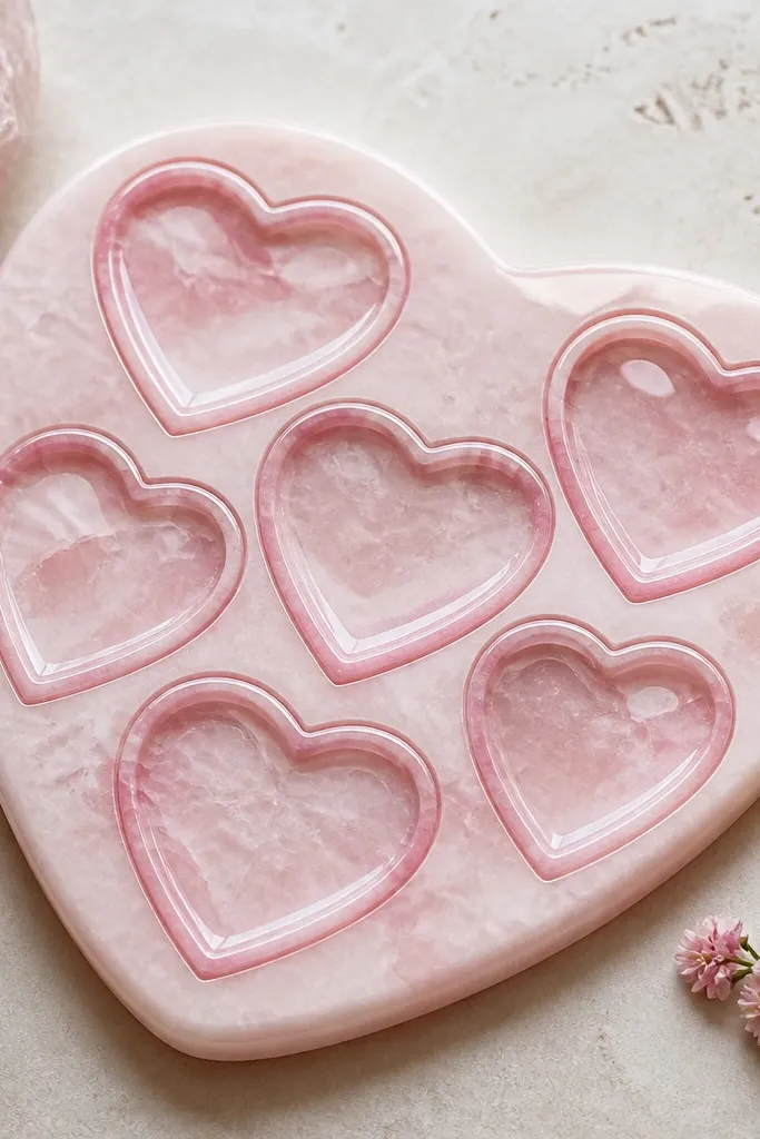 A pale pink clay base with cloudy rose quartz veining. On top are six heart-shaped recessed nests, each outlined with a slightly darker pink. The hearts have a glossy clear coat that catches light.