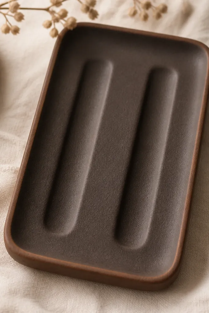 A dark brown clay tray with two tall vertical channels. Each channel is curved like a shallow U, sized for hoop earrings. The rest of the tray has a matte finish with a slightly lighter brown rim.