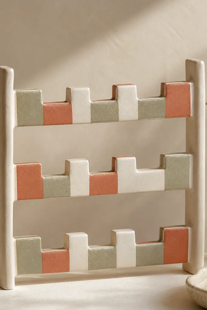A ladder-style clay organizer with three horizontal bars and two vertical sides. Each bar has alternating rectangular slots in different heights. The organizer is painted in off-white with muted sage and terracotta blocks.