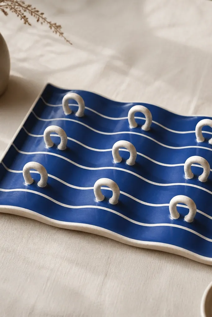 A shallow rectangular tray with wavy ridges running left to right. The base is painted cobalt blue with thin white wave lines. There are 9 loop-shaped hooks made from clay, each sitting on the ridge crest.